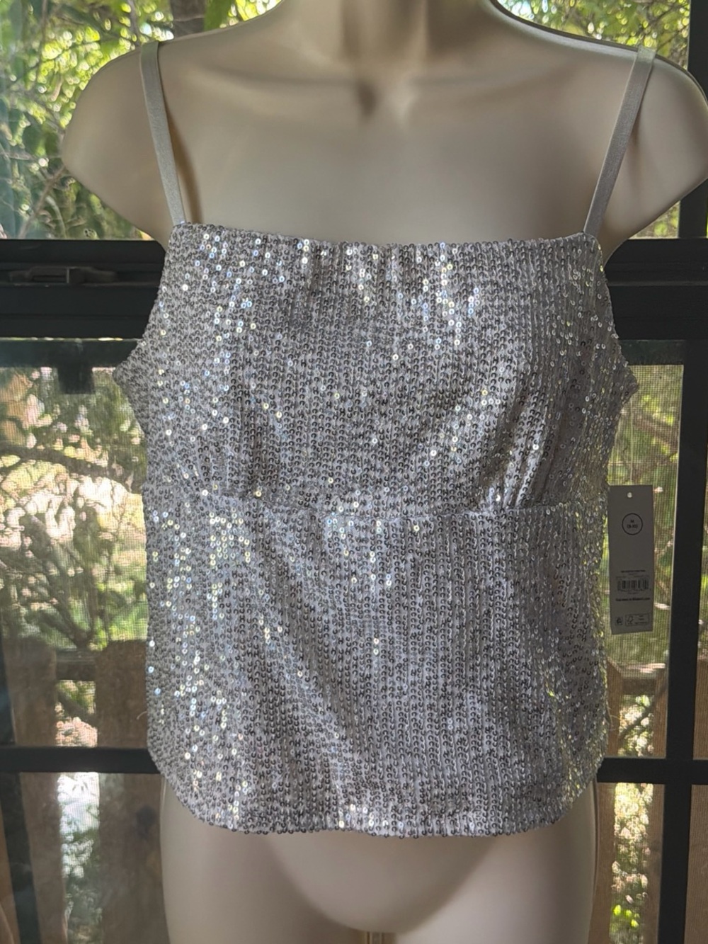 No Boundaries Silver Sequin Spaghetti Strap Tank Top
